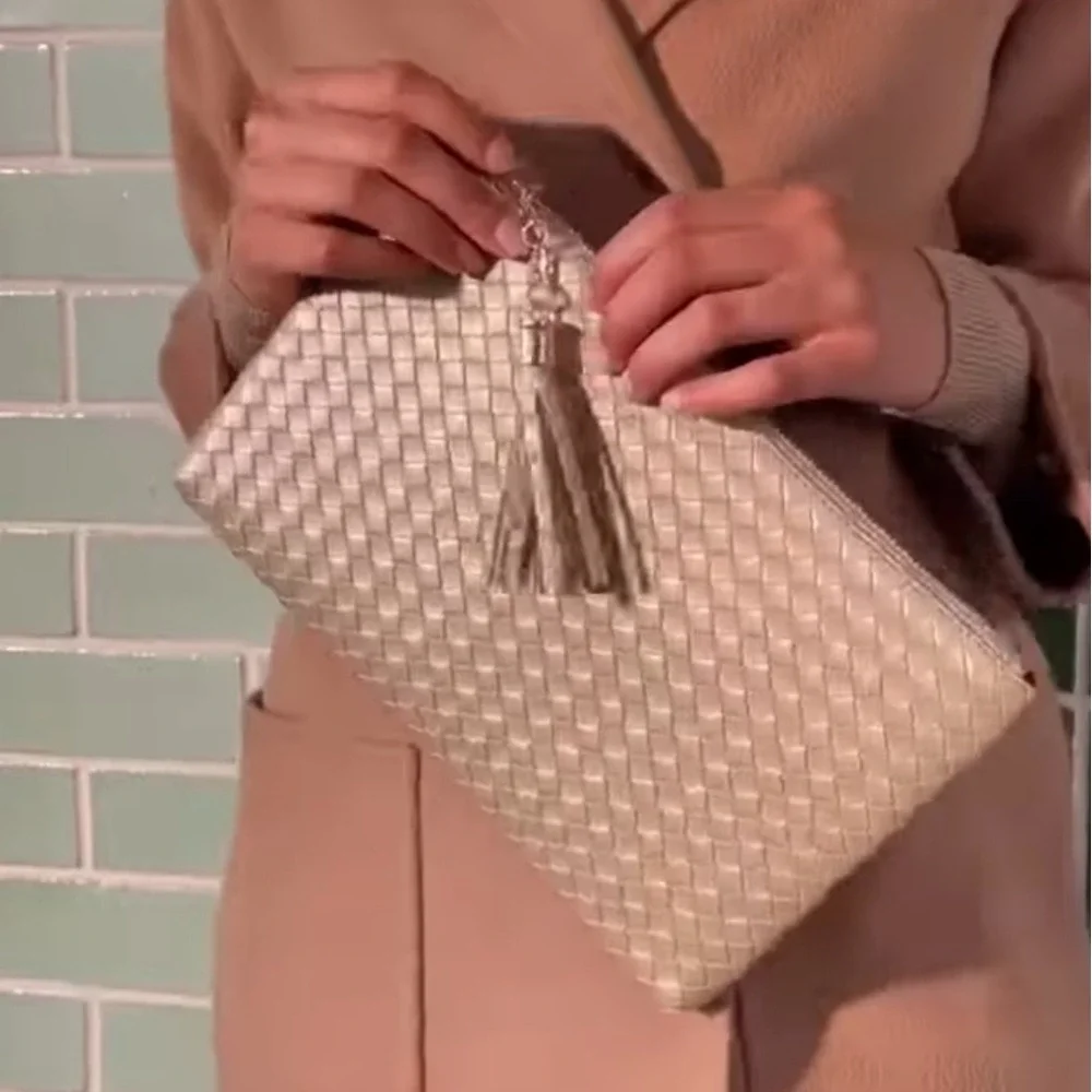 VIRGINIA WOLF‎ Faux Leather Clutch Mini Woven Pouch Gold Tassel Zip Top Make Up
